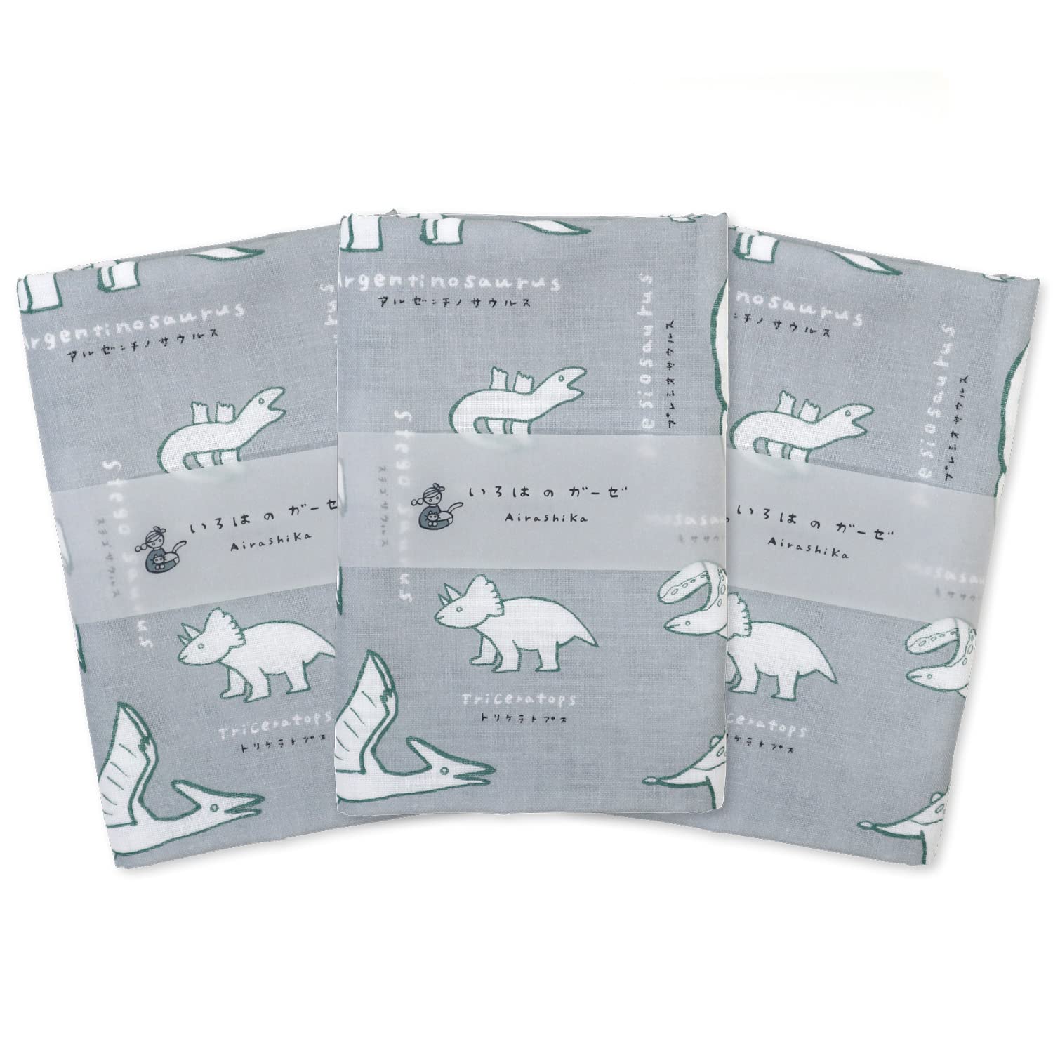 

Набор из 3 марлевых полотенец с динозаврами, ручной работы, из серии 88 x Iroha Mameo, серый, Япония, 100% хлопок, 35 см,