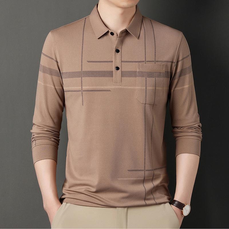 New Dad Wear Men's Lead Long-Sleeved T-shirt Men's Real Pocket Top Striped Men's Polo Shirt with Pockets