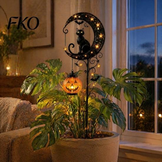 Halloween Solar Garden Stake Lights Light, Metal Black Cat & Pumpkin Moon Waterproof Spooky Bat Decorations for Lawn Patio Yard Pathway Outdoor Decor,
