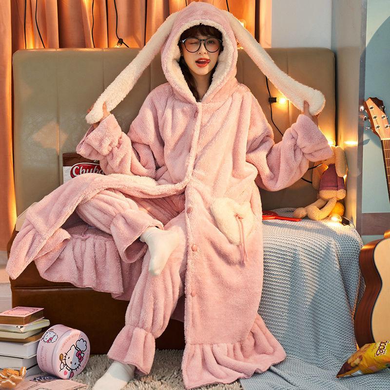 Kawaii Roben-Sets für Damen, schlicht, schick, süß, mit Kapuze, Ins, Taschen, weicher Flanell, gemütlich, dick, neueste Homewear, 2 Brustpartien