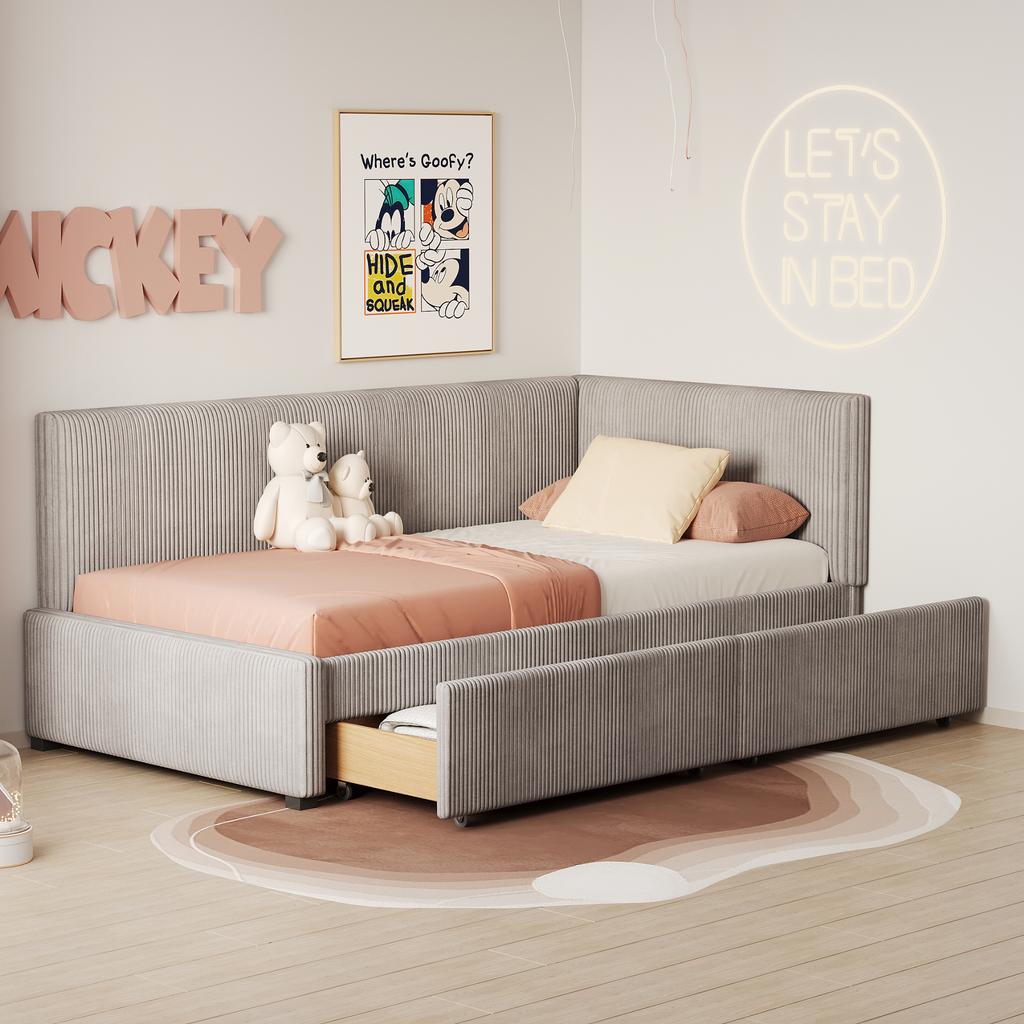 Upholstered Bed Sofa Bed 90*200 Multifunctional Bed with 2 Large Storage Drawers and Slatted Frame Skin-friendly Velvet Fabric Grey