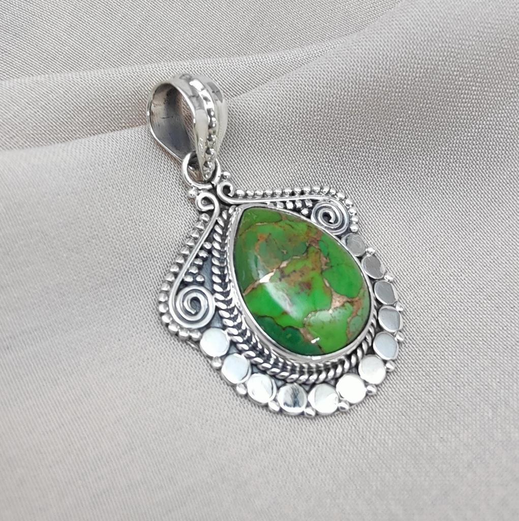 Green Copper Turquoise Pendant Necklace: 925 Sterling Silver Boho Jewelry
