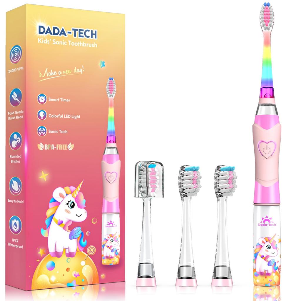 Electric Toothbrush for Kids, Ages 2-12 (Boys and Girls), with Rainbow Lights, 2-Minute Timer, and 4 Brush Heads (Pink Unicorn)