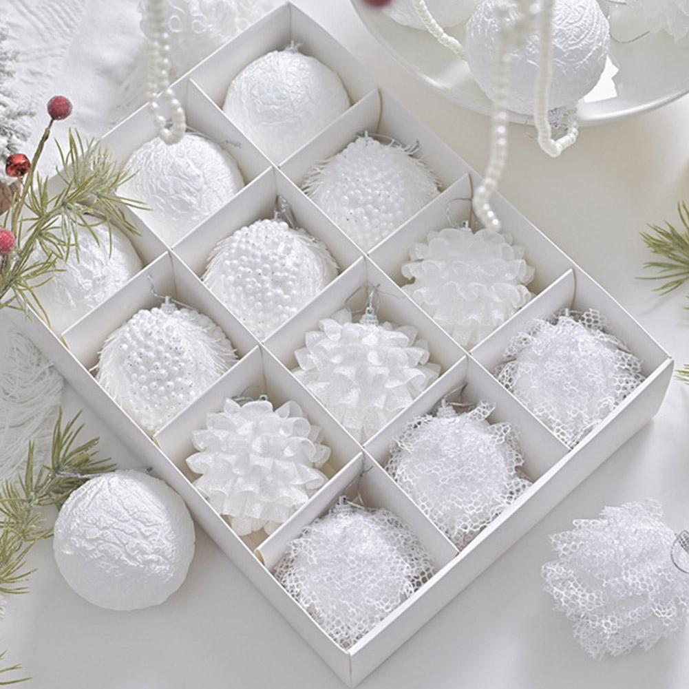 A Box Of 12 White Ins Style Lace Glitter Foam 8cm Christmas Ball Decoration Pendant Christmas Atmosphere Pendant Gift Box