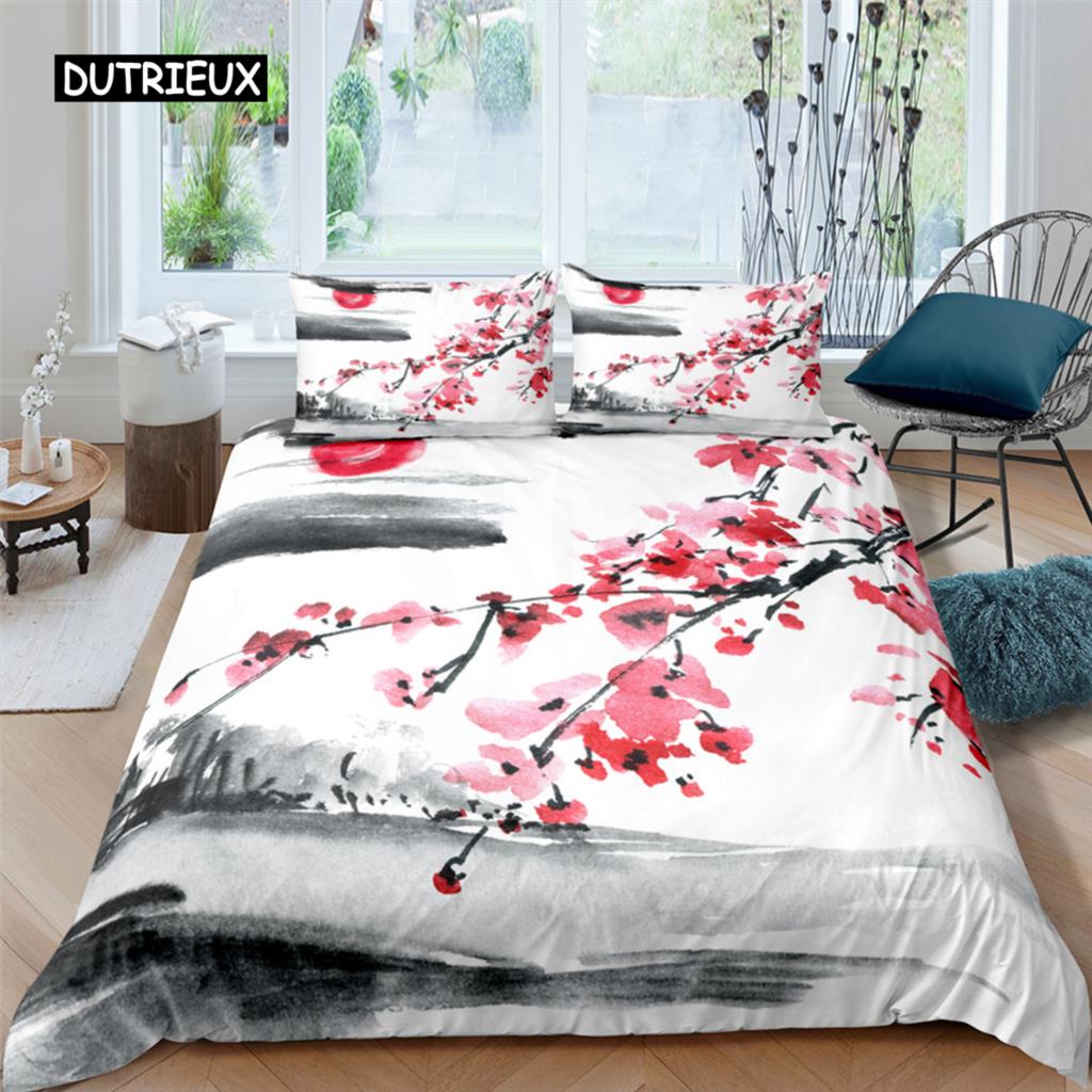 Flower Duvet Cover Cherry Blossoms Bedding Set with Pillowcase 2/3pcs Quilt Cover Home Textiles Floral Polyester Comforter Cover