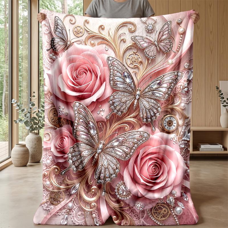 Elegant Rose Butterfly Marble Theme Blanket Lightweight Warm Flannel Blanket Decorative Throw Blanket for Home Decoration