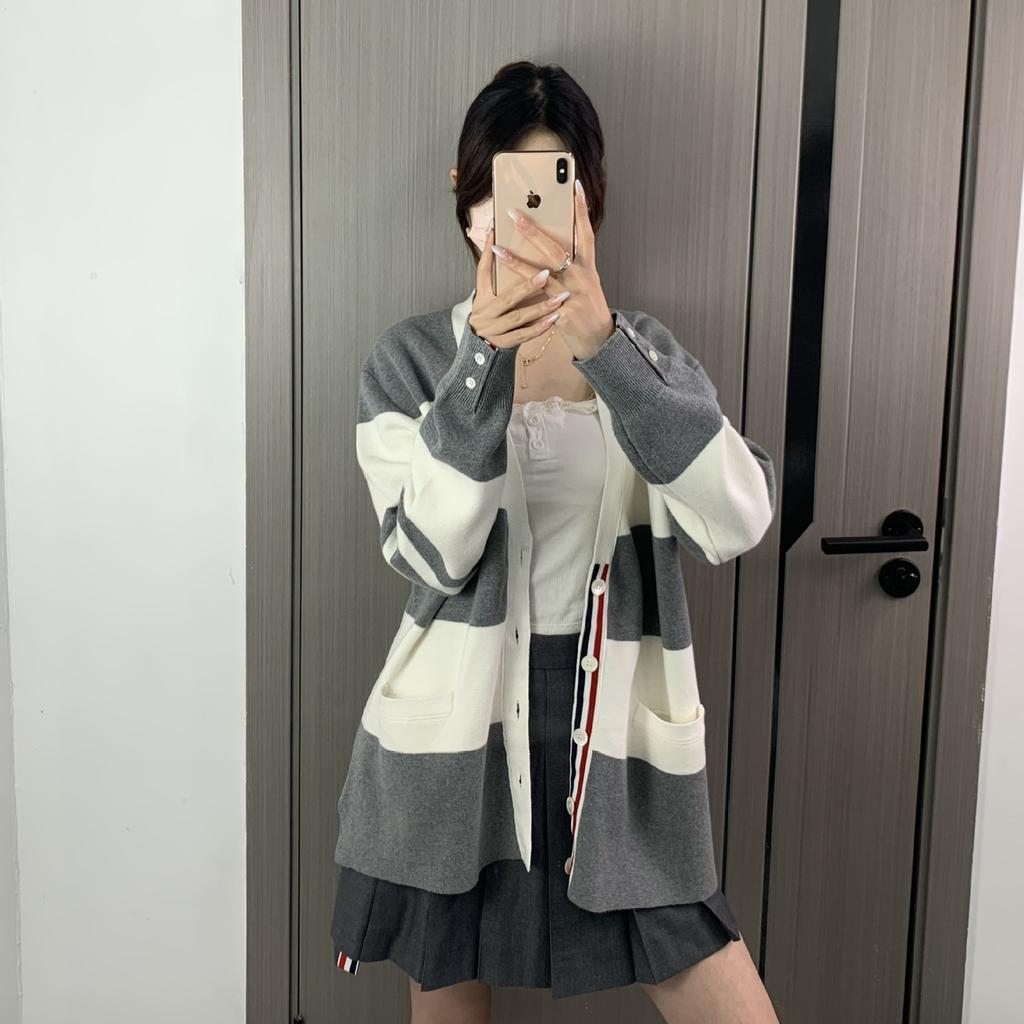 New TB Knitted Striped Four-bar Men's and Women's Casual V-neck High-end Versatile Cardigan Jacket
