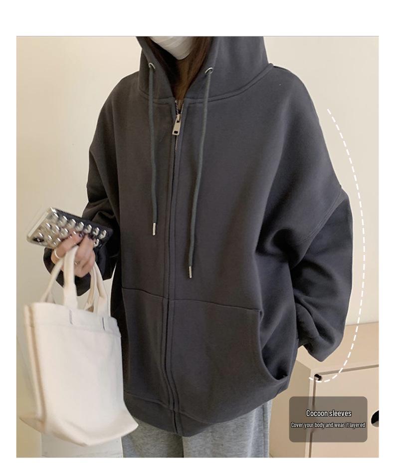 Felpa con cappuccio e zip foderata in pile da donna - Stile coreano pigro, Cardigan spesso per la primavera e l'autunno 2024.