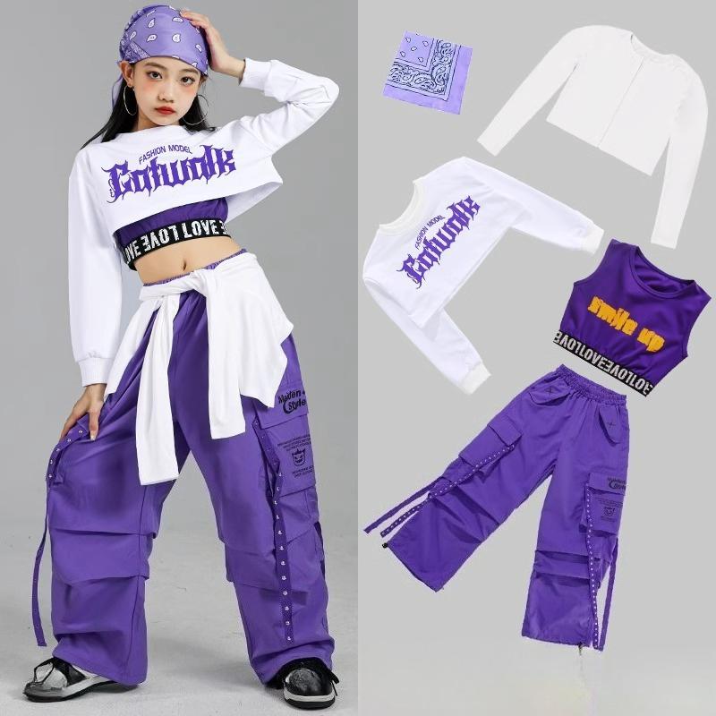 

Hip Hop Girls K-pop Crop Top Purple Cargo Pants Children Street Dance Outfits Kids Streetwear Group Jazz Clothes Sets 180 фіолетовий