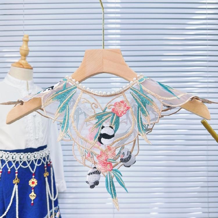 Embroidery Panda Neckwear Metal Buckled Decorative Beaded False Collar Shawl