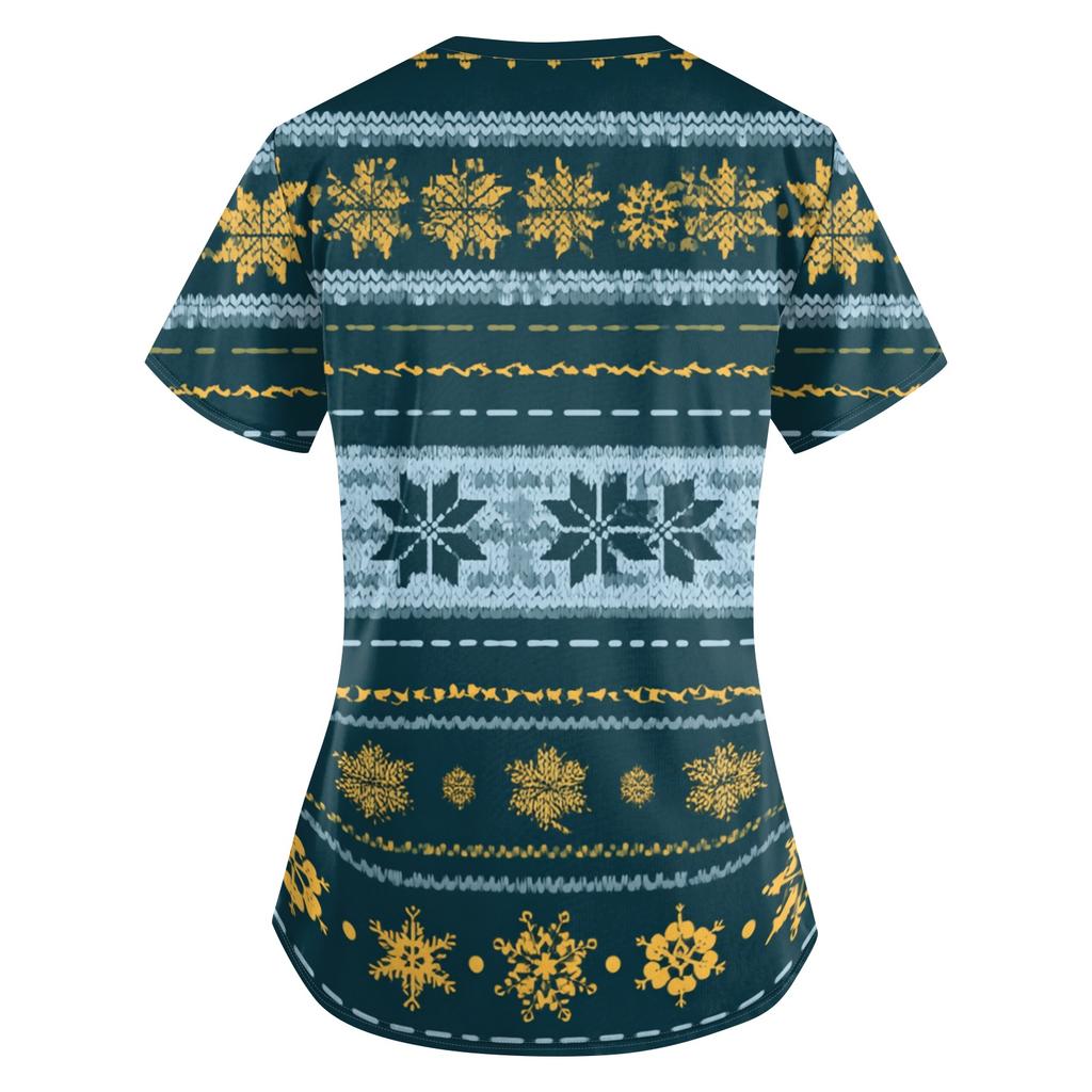 Women's Christmas Print V-Neck Short Sleeve Uniform with Pockets Loose Fit