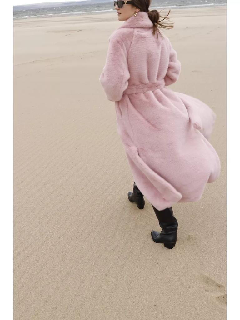 Faux Fur Long Coats Women Jackets Overcoats Lace Up Turn Down Collar Full Sleeve Open Stitch Thick Loose Y2k  Autumn Winter