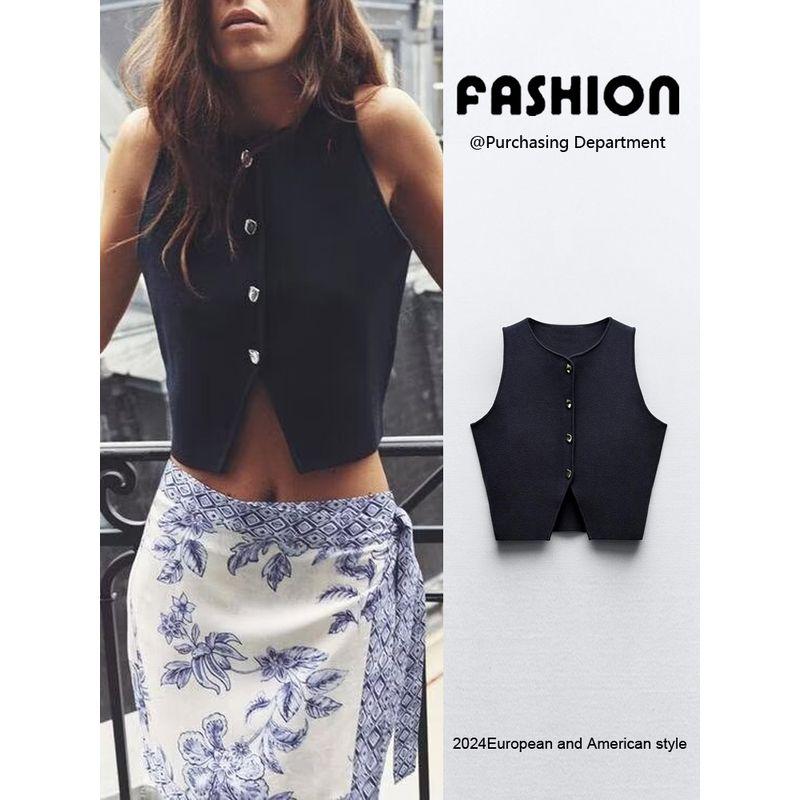 Za2024 Summer New Product Women's Clothes Fashion All-Match Slim Looking Single-Breasted Sleeveless Plain Stitch Short Top 5536027