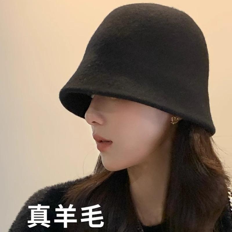 Premium sense bucket hat autumn and winter women's new wool hat winter warm basin hat show face small bucket hat