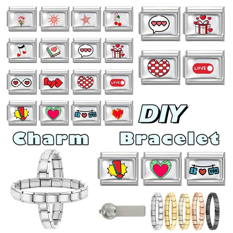 Wholesale Personalized DIY Red Color Italian Charm Bracelet Cherry Flowers Heart Music Bead 9mm Bracelet Stainless Steel Jewelry