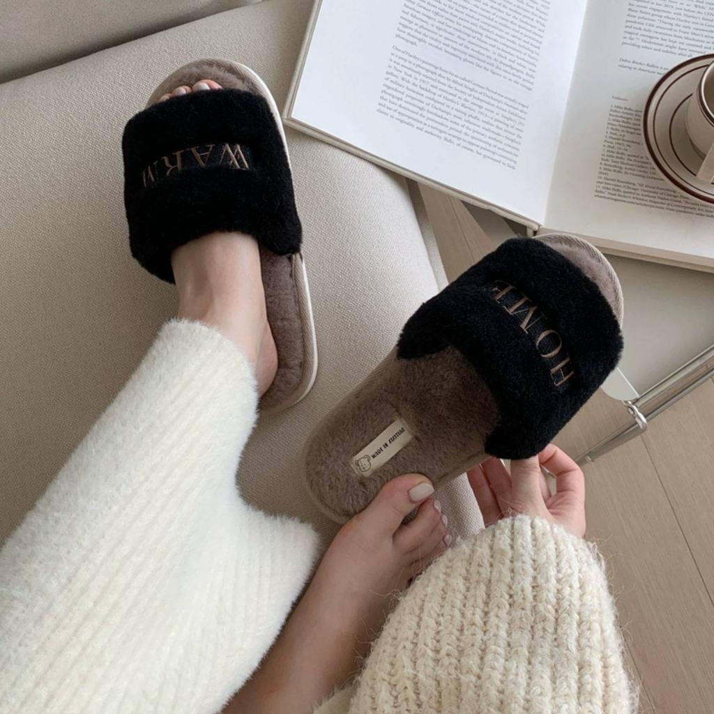 Wearing Plush Warm Cotton Slippers Indoors and Outdoors In Winter