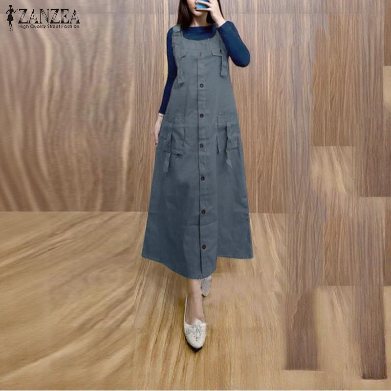 

ZANZEA Женские комбинезоны без рукавов с боковыми карманами, платья однотонные с квадратным вырезом 3XL синий