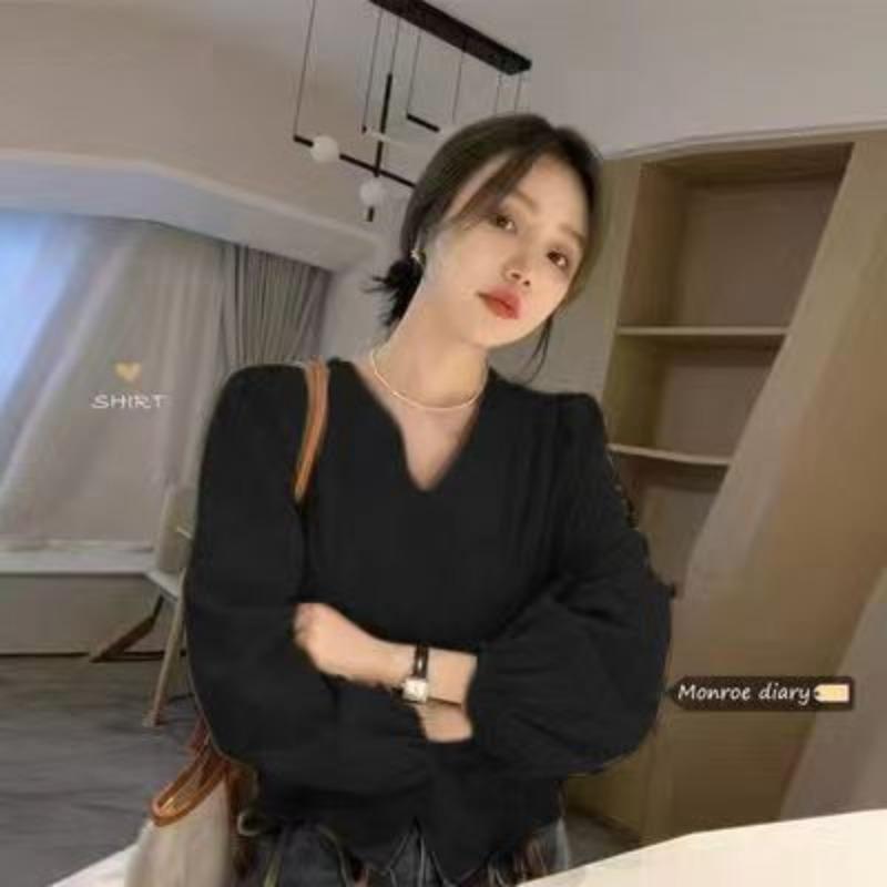 

YYFS женские модные повседневные весенне-осенние однотонные блузки и рубашки с длинными рукавами и v-образным вырезом с принтом XXL чёрный