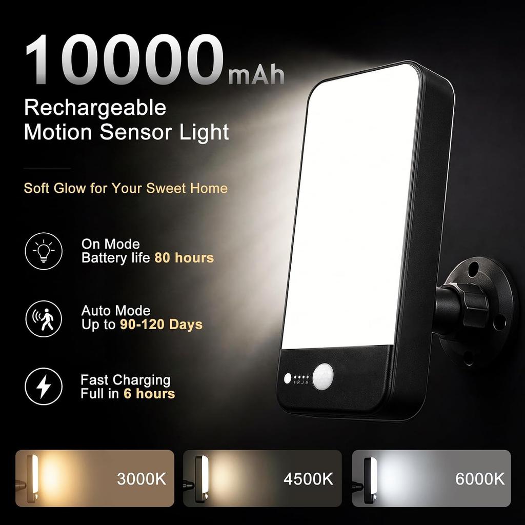 Rechargeable Motion Sensor Outdoor Wall Light, 10000mAh 1 Pack | 3 Modes 3 CCT Dimmable with Remote, IP65 Waterproof Security Lamp for Porch, Patio,