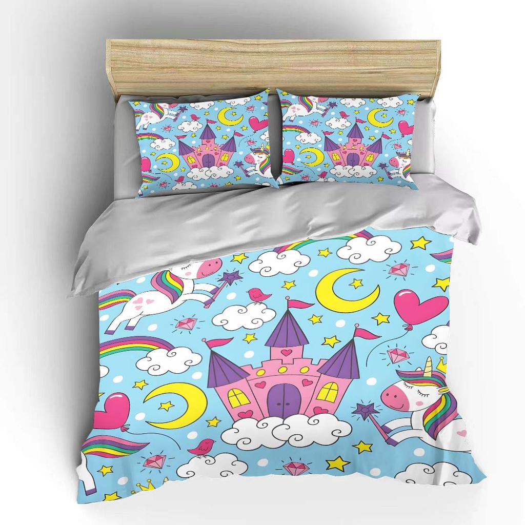 Magical castle with rainbow unicorn Print Bedding Set 1 Duvet Cover 2 Pillowcases for Adult and Children Luxury Gift Full Size