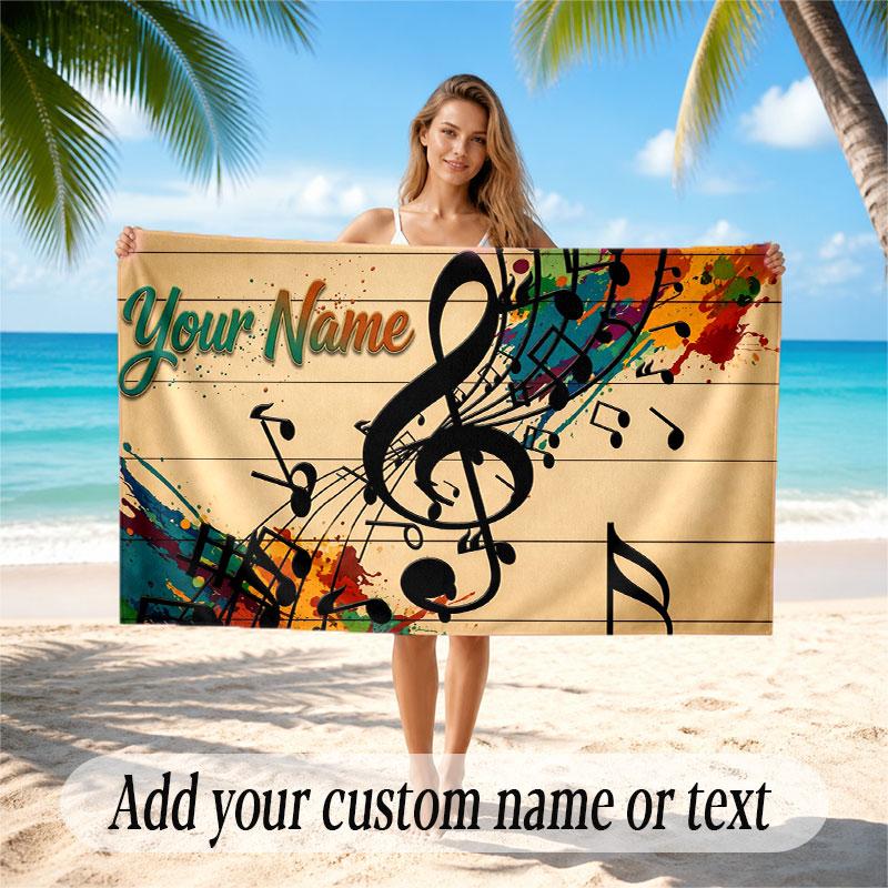 Music General Theme Beach Towel Personalized Custom Name & Text Soft Quick Dry Beach Towel for Swimming Travel