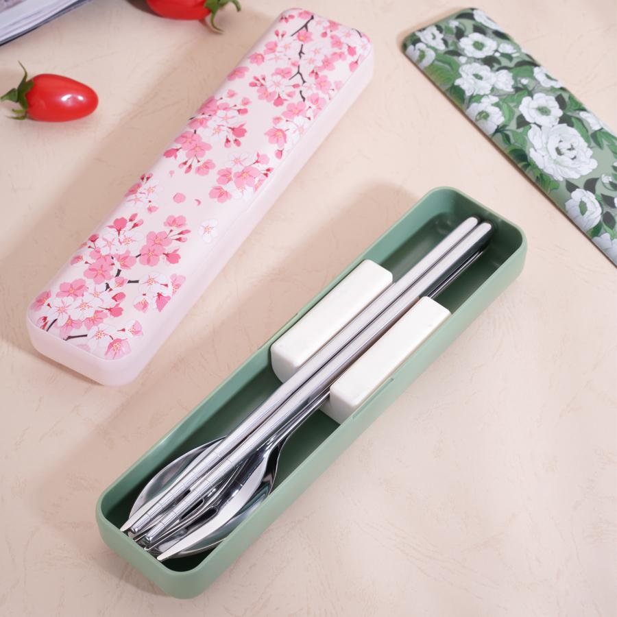 304 Stainless Steel Portable Cutlery Set Japanese Style Dinnerware Fork Spoon Chopsticks Set Magnetic Box With Cherry Pattern