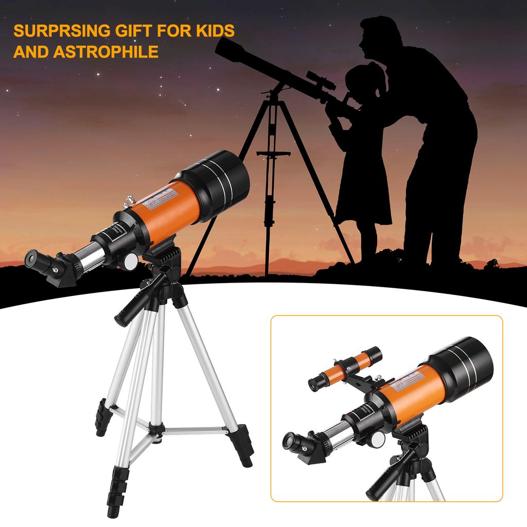 70mm Astronomical Telescope 150X High Power Monocular Telescope Refractor Spotting Scope with 5*24 Finder Scope Tripod Moon Filter 3X Barlow Lens for