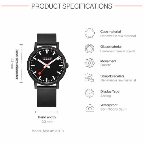 Mondaine Essence Watch MS1.41120.RB, Officially Imported, Black
