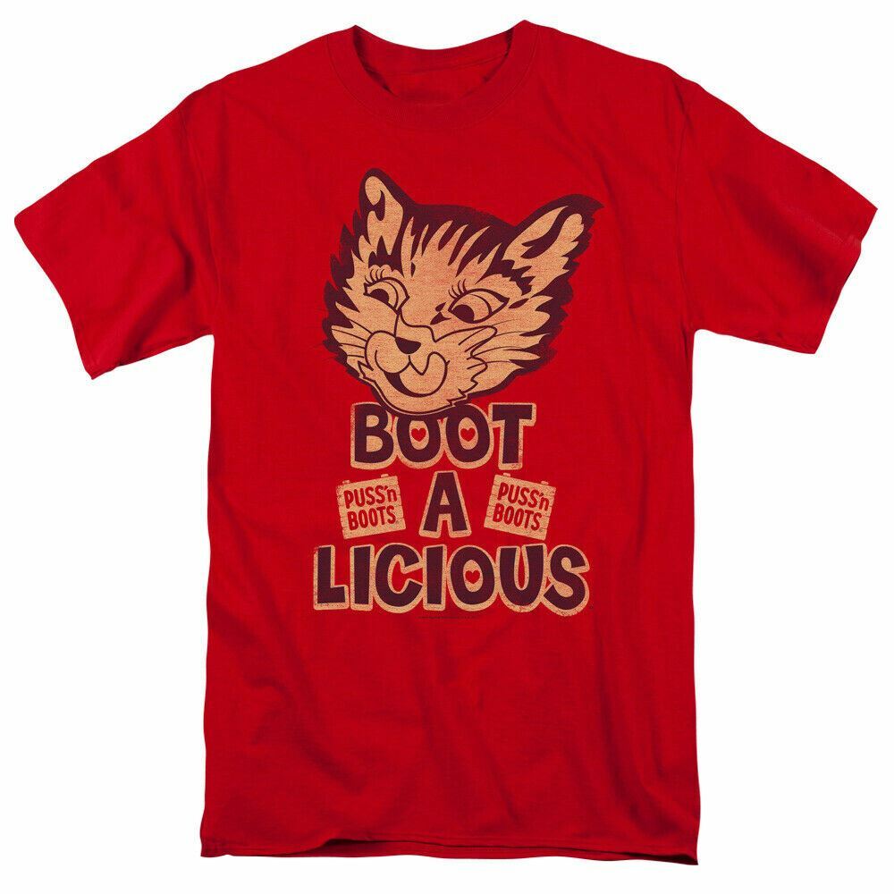 Puss N Boots Boot A Licious T Shirt Mens Licensed Cat Food Red XL