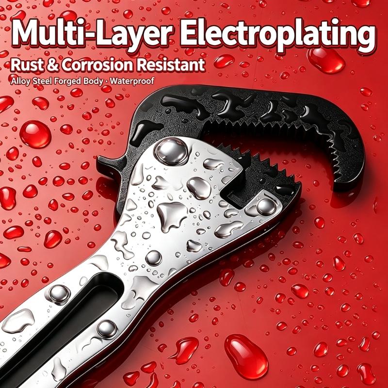 Multipurpose Hand Tool with Adjustable Serrated Jaw, Two Screwdriver Inserts, and 13 cm Short Spanner Body for Household Repairs and Installation
