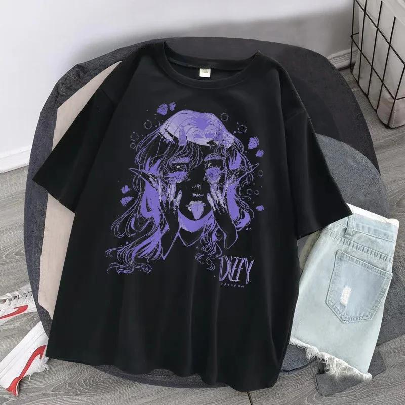 Women Oversized T-shirt Kawaii Goth Harajuku Music Girl Print Black Crop Short Sleeve Top Female T-shirts Y2k Mujer Grunge Kpop