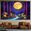 2D Mystical Night Tapestry, Magical Forest with Mushroom Cottages & Full Moon Backdrop