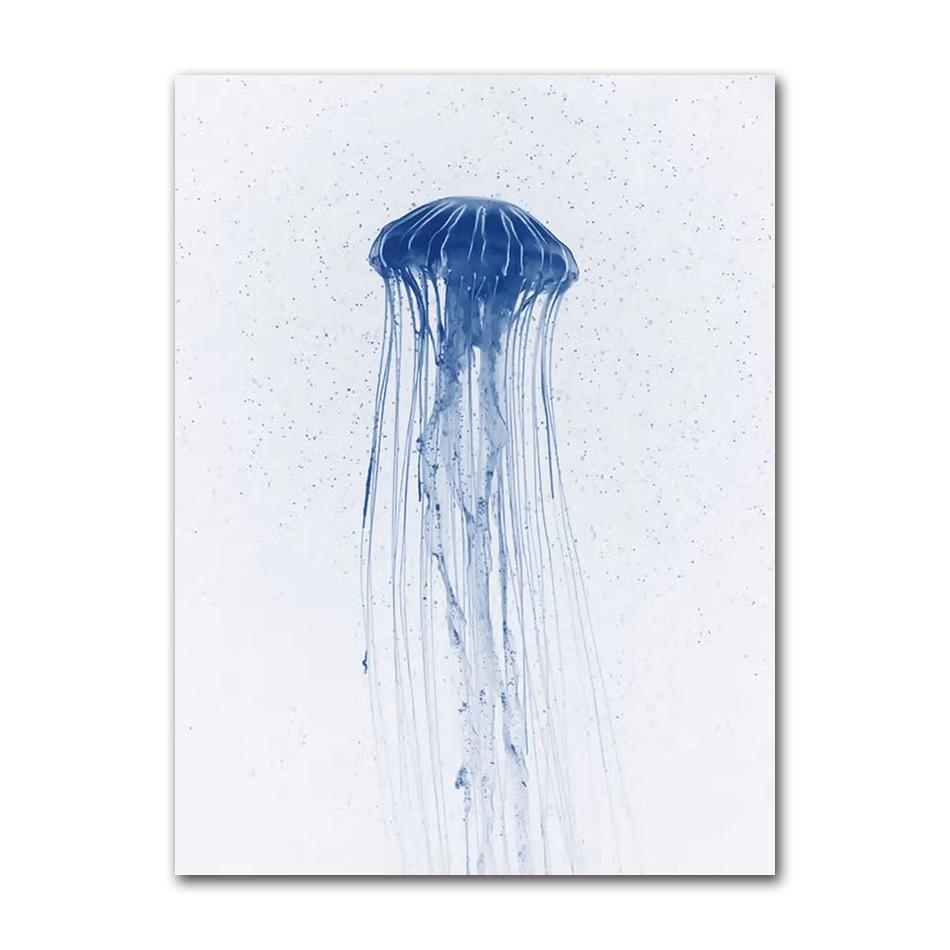Retro Sea Animal Cyanea Jellyfish Squid Shark Minimalist Art Poster Canvas Painting Wall Prints Picture Living Room Home Decor