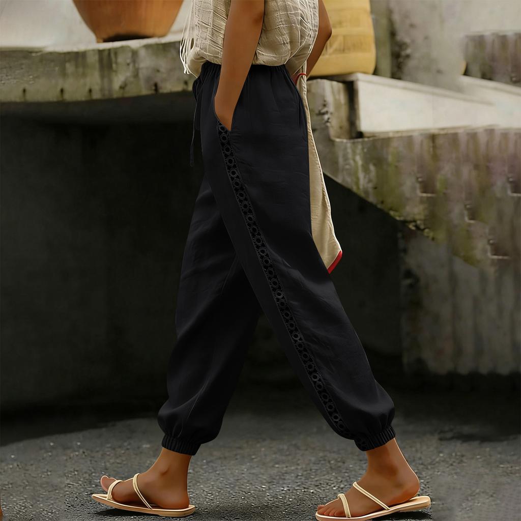Women's Fashion Color Elastic Waist Drawstring Pocket Side Lace Small Legs Loose Casual Pants