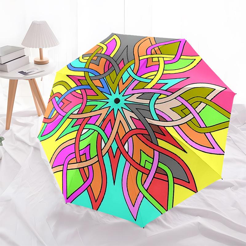 1pc Colorful Mandala Pattern Automatic Folding Umbrella - Portable 3-Fold Design, 8-Rib Iron Frame Outdoor Umbrella, Ideal Gift for Fans, Travelers, D