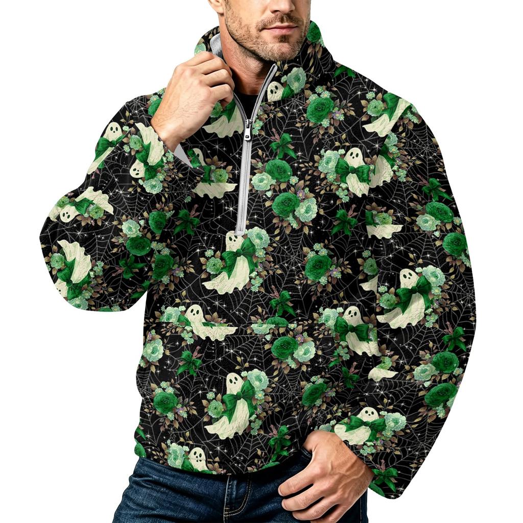 Men's Halloween Print Flannel Zip-Up Sweatshirt, Plus Size Stand Collar Casual Fall Winter Top