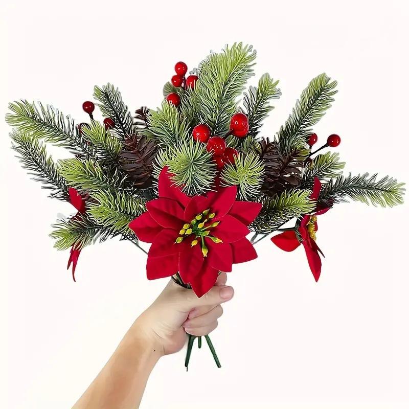 4pcs Artificial Christmas Pine Branches with Red Berries, Artificial Evergreen Branches, Classic Poinsettia Design, Perfect for Halloween, Christmas