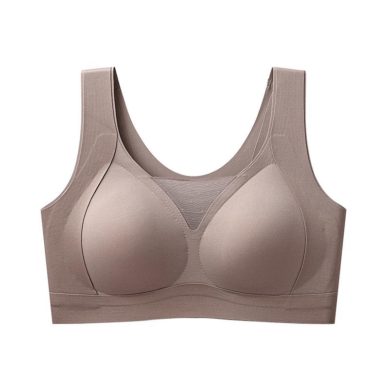 Brown Seamless Wireless Bra with Mesh V Neck and Wide Comfort Straps M кофейный