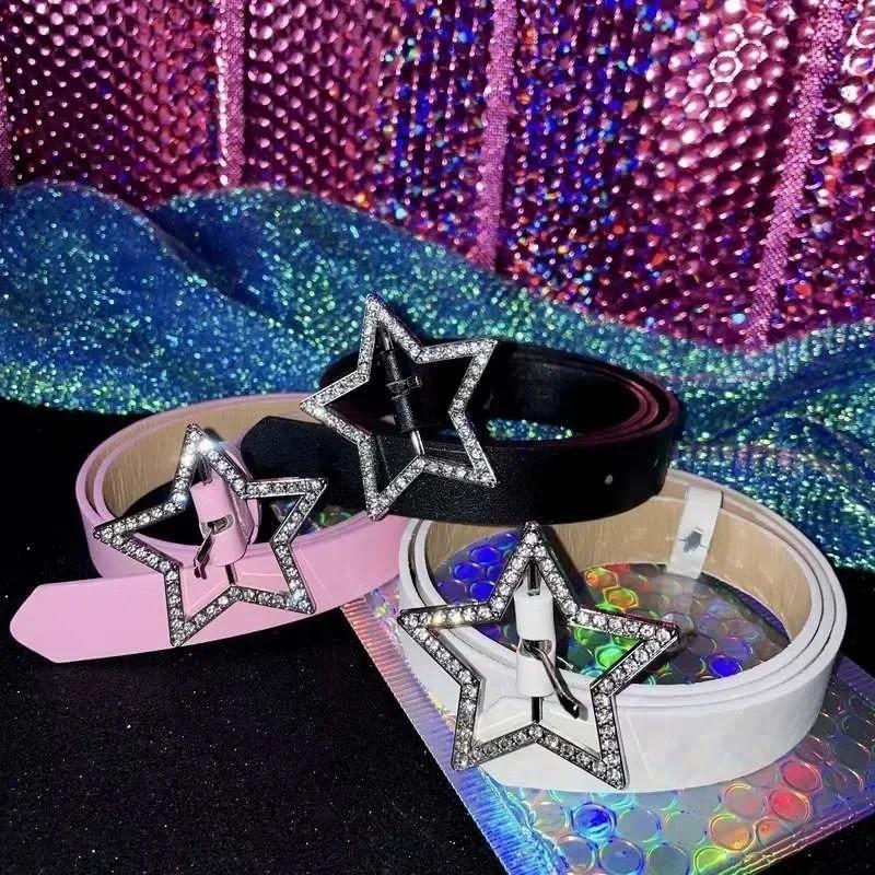 Y2K Gürtel mit Sternschnalle, rosa Leder, elastische Bindung, verzierter Bund, funkelnder Strass, Retro-Braut-Dekorationszubehör