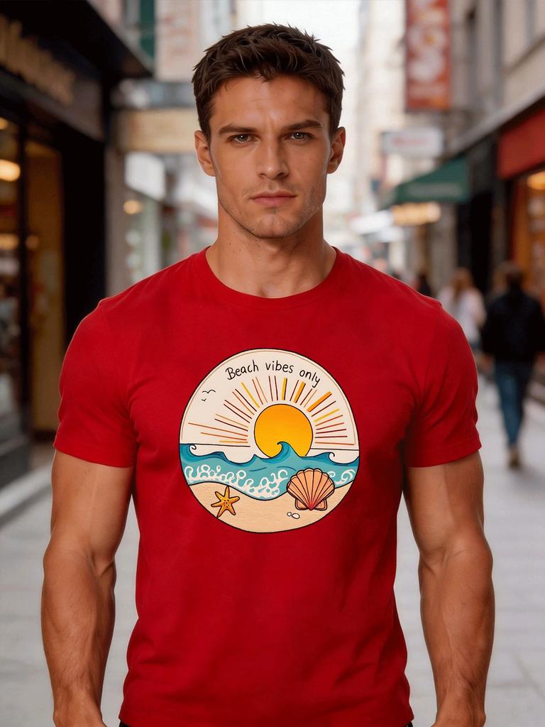Unisex Crew Neck Cotton T Shirt Beach Vibes Only Sun Wave Graphic Print Short Sleeve Tops Loose Holiday Summer Tees For Young Male