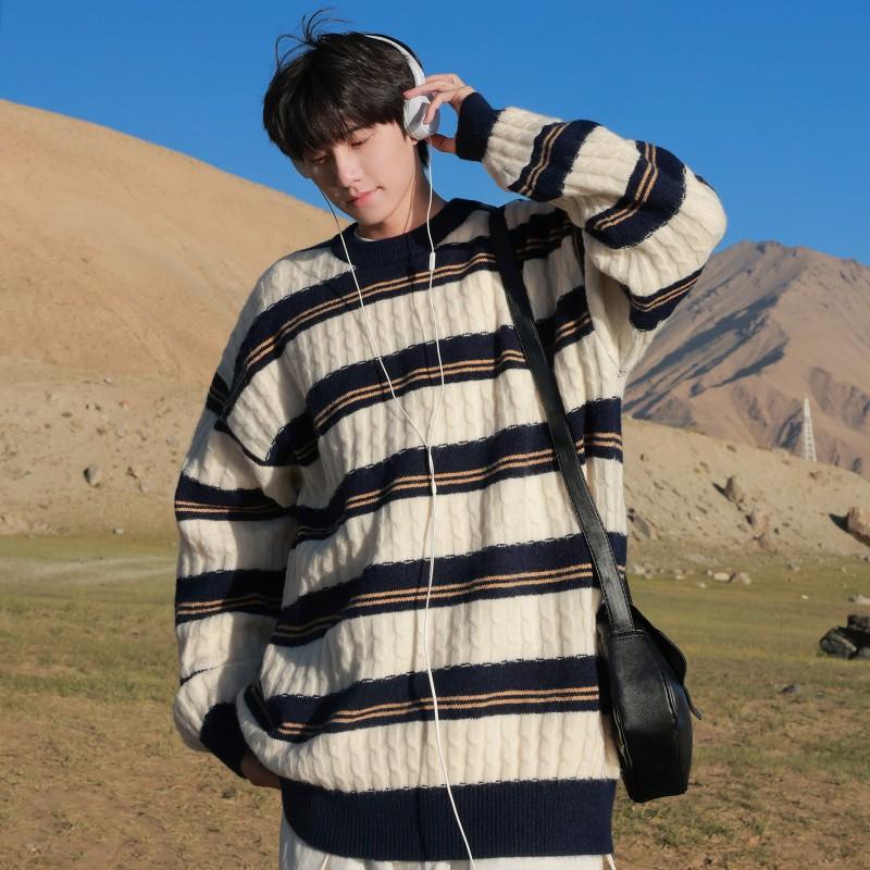 Mens Crewneck Sweater Japanese Vintage Striped Couple Knitwear Casual Trendy Top