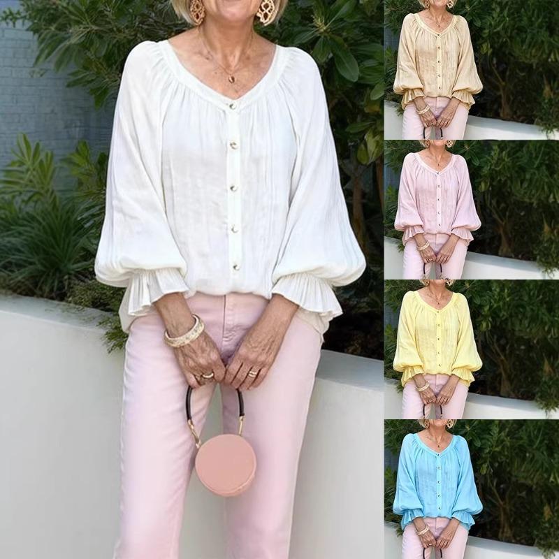 

Spring Summer Button Down V Neck Blouse Long Sleeve Ruffle Hem Lantern Sleeve Casual Top S білий
