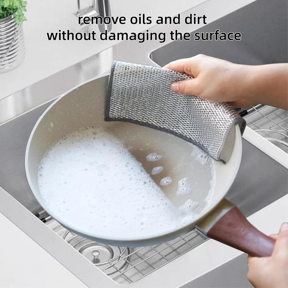 10pcs Magic Dishcloth Silver Wire Cleaning Kitchen Cloth Thickened Microfiber Wash Towel Built-in Sponge Steel Wire Ball Rag