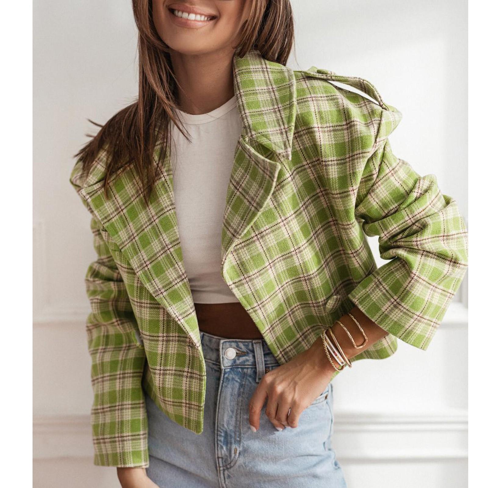 

Женский свободный повседневный пиджак с длинными рукавами и клетчатым принтом, модная куртка S армия зеленый