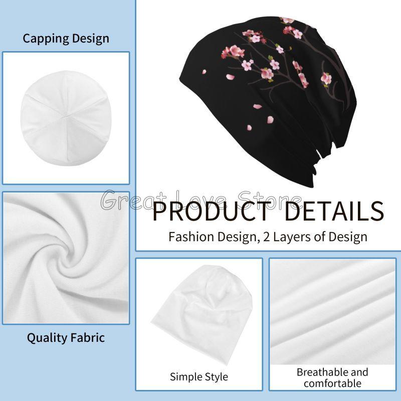 Japanese Sakura Cherry Blossoms Black Beanie Hat Unisex Warm Bonnet Cap Adults Knit Hat Headwear Vintage Street Skullies Beanies