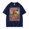 Lustiges Katzen-Meme Herrenhemd Y2k Japanische Catzilla Filmplakat Grafiken Oversized Damen Rundhals Kurzarm T-Shirt