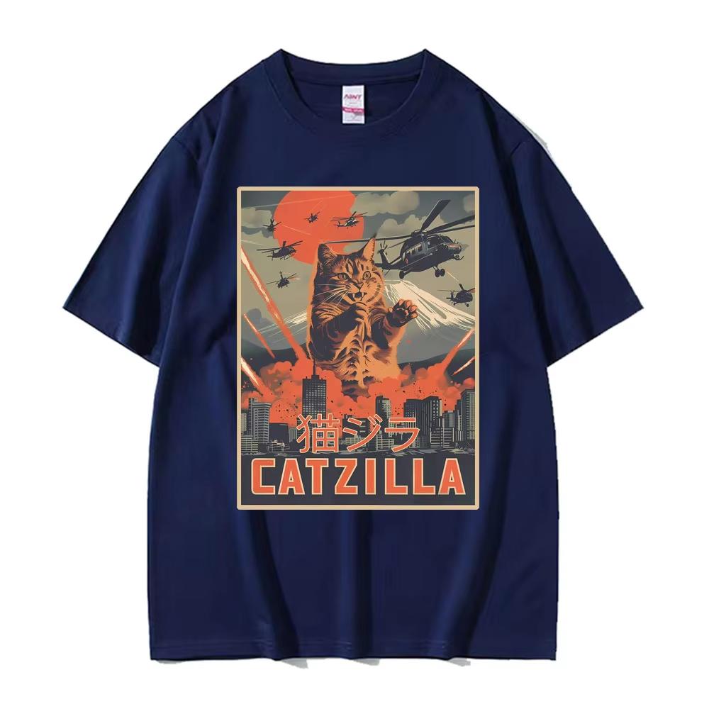 Lustiges Katzen-Meme Herrenhemd Y2k Japanische Catzilla Filmplakat Grafiken Oversized Damen Rundhals Kurzarm T-Shirt