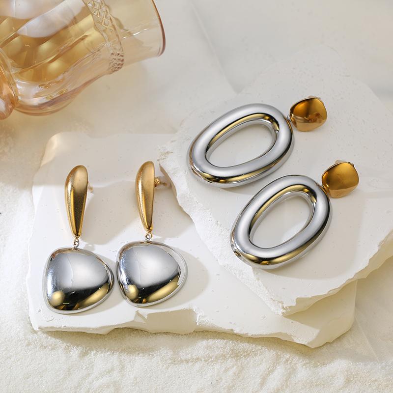 GANEMLY 316L Edelstahl Geometrische Zweifarbige Hängeohrringe Für Damen Charme Metalltextur Wasserdicht Ohrhänger Schmuck