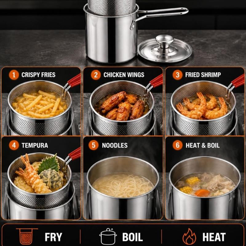 Type 304 Steel Stovetop Frying Saucepan Set with Removable Perforated Basket, Lid, and Narrow Deep Shape for Frying Modest Servings and Draining