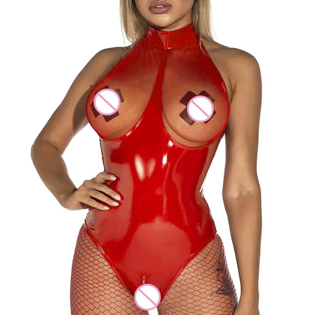 Plus Size 4XL Women Sexy Wetlook PVC Leather Dress Crotchless Shiny Sleeveless Latex Bag Hip Skirt Breast Exposing Mini Dress